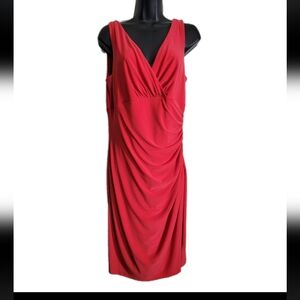Lauren Ralph Lauren Red Sleeveless V-neckline Dress Sz 12 Rauched Side EUC Party